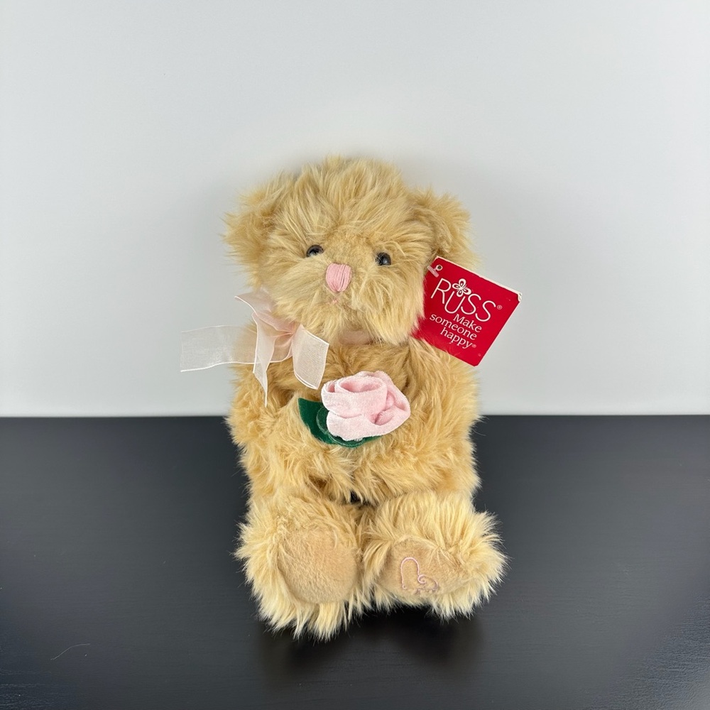 Russ Champagne Teddy 9” Valentine Love Pink Rose & Bow Plush Stuffed Bear NWT